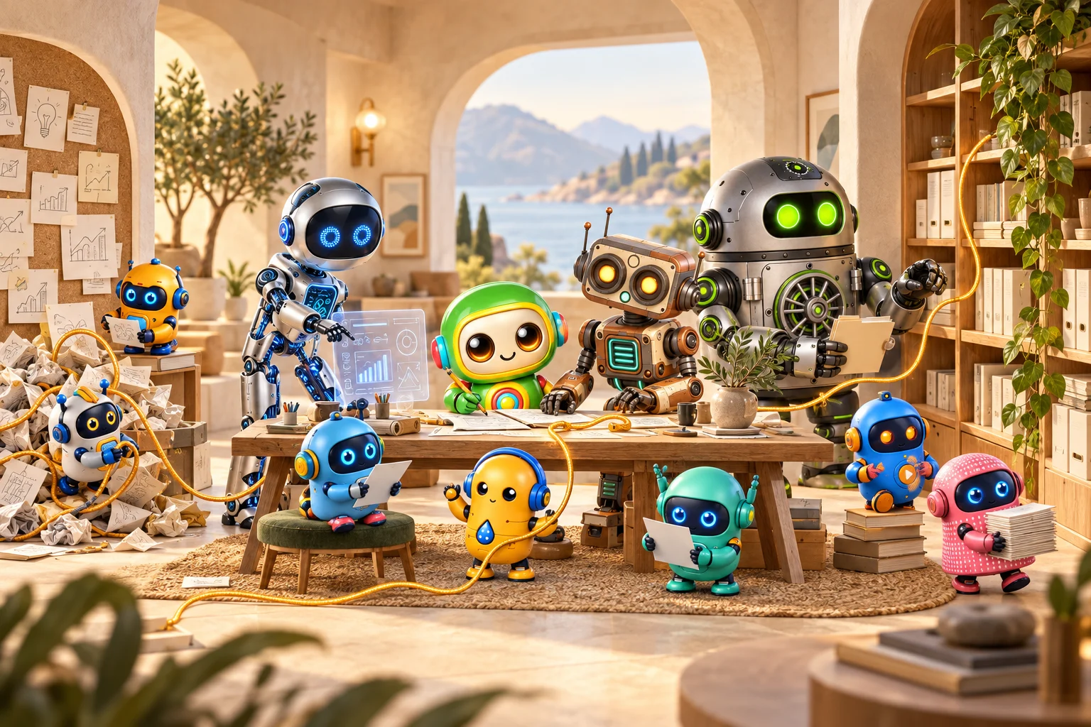 Distinctive Sweetbot companions work together in a warm miniature workshop, turning scattered notes into a useful shared library.